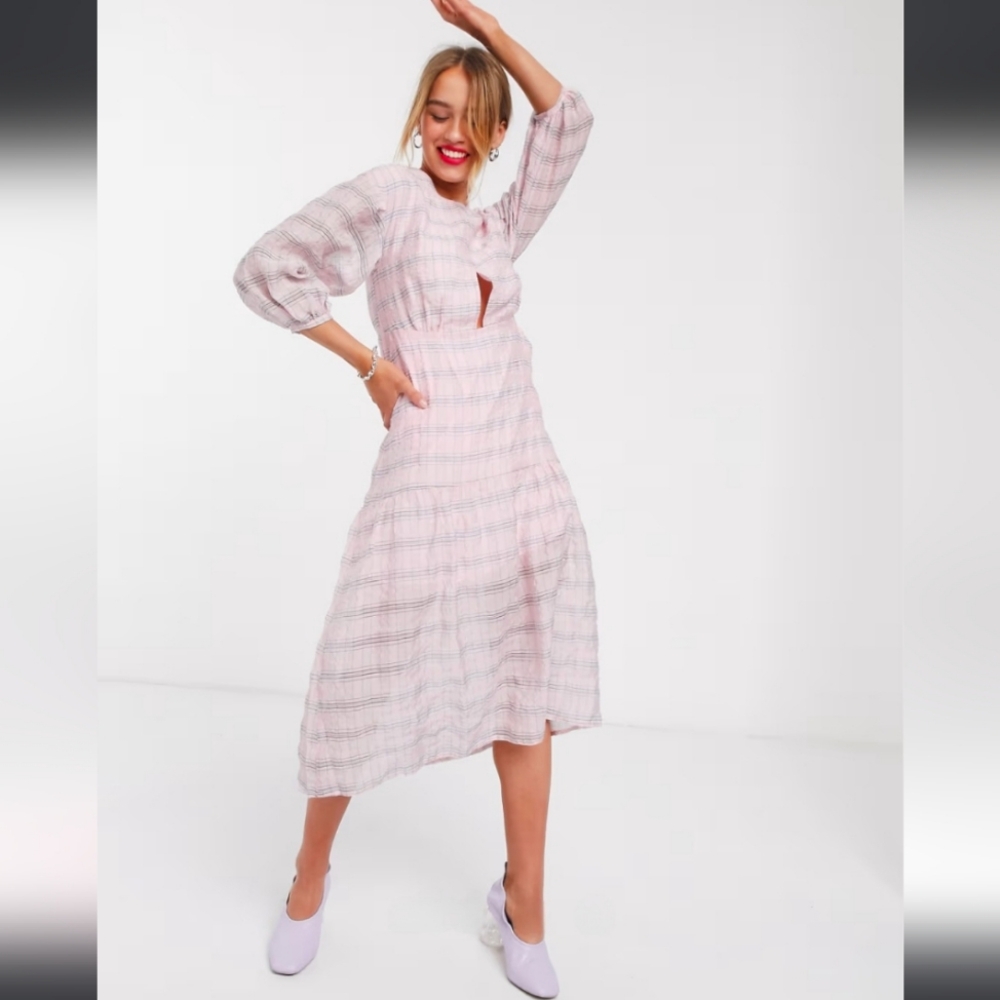 ASOS Lost Ink Drop Waist Pink Plaid Midi Dress, Size 8